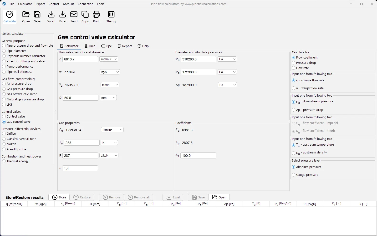 Gas control valve calculator